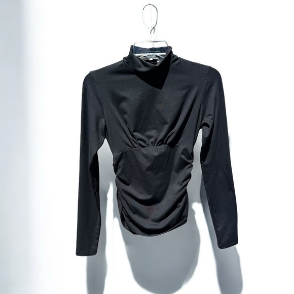 🌻NEW NWOT Susana Monaco Black Long Sleeve Ruched Sides Mock Neck Shirt Size S - Picture 1 of 5